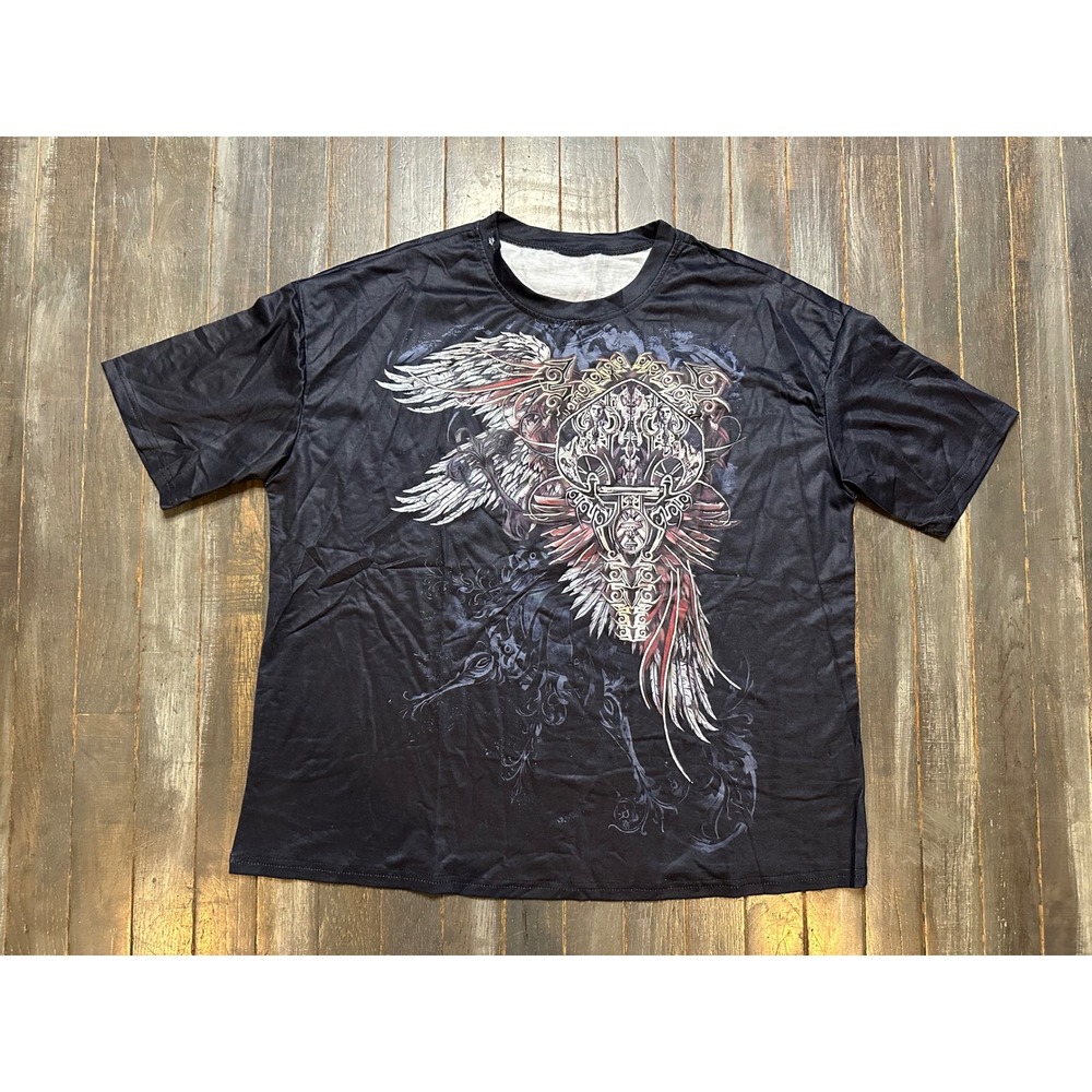 Gothic Cross Angel Wings Graphic T-Shirt Black Y2K Streetwear
